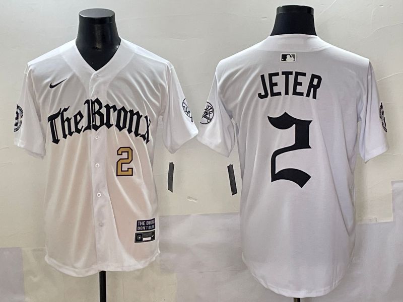 Men 2025 New York Yankees #2 Jeter White Five generations Joint Name Nike MLB Jersey style 3